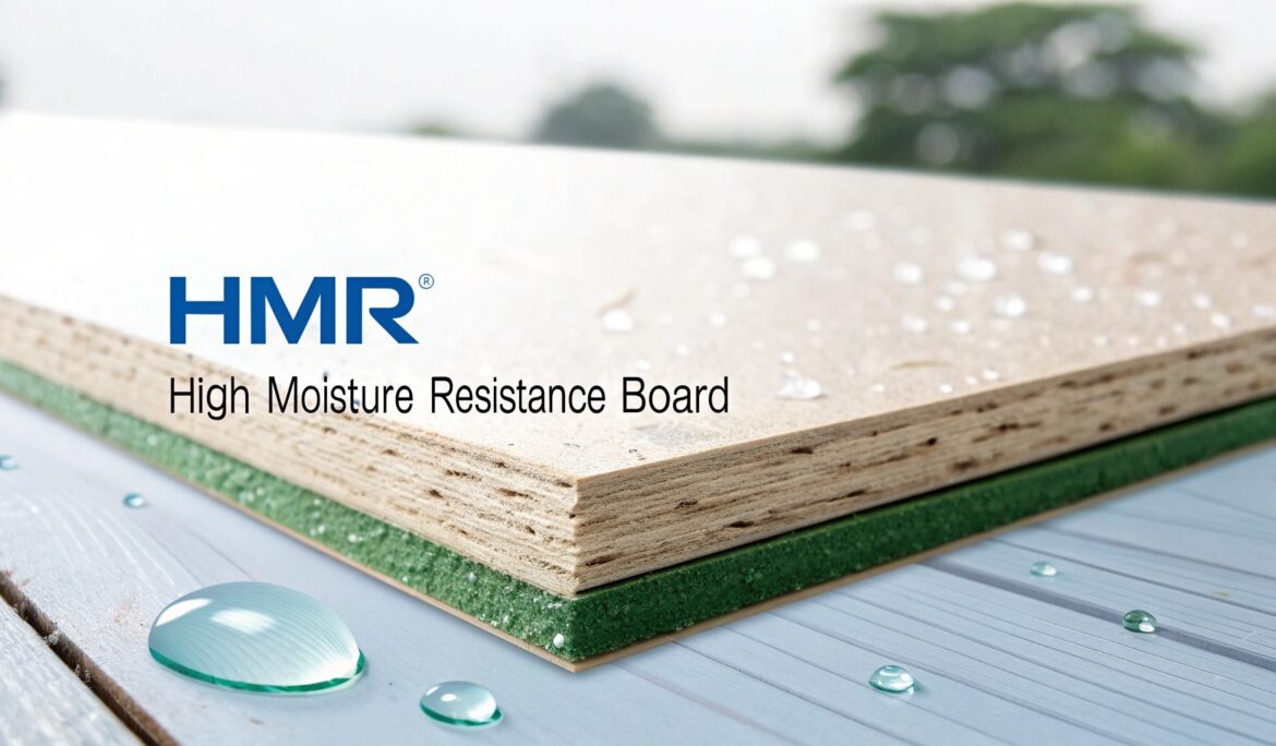 ภาพอินโฟกราฟิกแสดงคำว่า HMR พร้อมคำเต็ม High Moisture Resistance และคำแปลภาษาไทย ‘ไม้ปาติเกิลทนความชื้นสูง’ ด้านขวาเป็นภาพแผ่นไม้ตัดให้เห็นสามชั้น ได้แก่ ผิวไม้ด้านบน เนื้อปาติเกิลตรงกลาง และชั้นเคลือบกันชื้นสีเขียวด้านล่าง มีหยดน้ำสีฟ้าแสดงคุณสมบัติทนความชื้น พื้นหลังสีเทาอ่อน