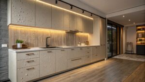 ภาพห้องครัวหรือห้องน้ำสมัยใหม่ที่มีเฟอร์นิเจอร์บิลท์อินทำจากไม้ HMR เช่น ตู้เก็บของ ตู้ใต้ซิงก์ และผนังบิลท์อิน มีการแสดงคุณสมบัติทนความชื้นด้วยหยดน้ำหรือสัญลักษณ์ความชื้นเล็กน้อย ใช้แสงไฟโทนอุ่นและดีไซน์ร่วมสมัยเพื่อสร้างบรรยากาศหรูและทันสมัย